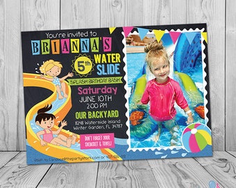 Waterslide Birthday Invitation, Printable Waterslide Invitation, Waterslide Party Invitation Girl, Water Slide Birthday Invite, Pool Party