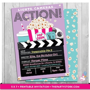 Film Party Einladungen | Druckbare Mädchen Film einladen | Movie Ticket Mädchen-Geburtstags-Einladung | lila schwarz blau rosa | Kundenspezifische Einladungen