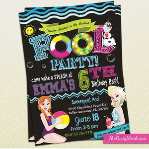 Frozen Pool Party Invitation | Printable Frozen Birthday Party Invite with Elsa, Anna, Olaf | Summer Pool or Beach Party | Purple Pink Blue