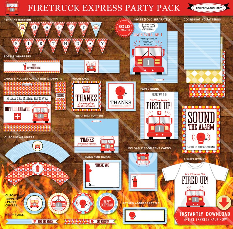 Printable Boys Fire Truck Party Decorations Instant Download Fireman Invitation Available Firetruck Birthday Party Package Paper Paper Party Supplies