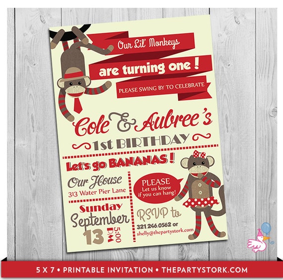 Sock Monkey Invitation for Twins | Printable Monkey Birthday Party Invitations | Digital Twin Boy Girl Invites | Red Brown | 1st, First Il_570xn