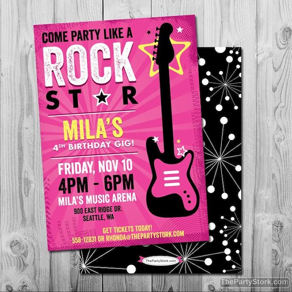 Rock Star Birthday Party Invitation | Printable Girls Party Invite | Black Pink Theme | See our shop for Kids Rockstar Decorations and Ideas