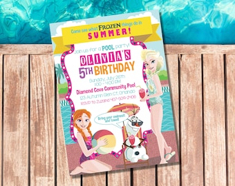 Frozen Pool Party Invitation | Printable Frozen Birthday Party Invite with Elsa, Anna, Olaf | Summer Pool or Beach Party | Pink Blue Green