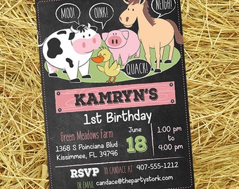 Barnyard Birthday Invitation Farm Animals – Printable 1st Birthday Barnyard Party Invite for Girls | Digital Download - Made to Order