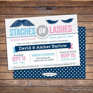 Staches or Lashes Gender Reveal Party Invitation Ideas, Pink or Blue or Gray Grey, DIY Printable Baby Shower Invites Stashes or Lashes Theme