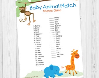 Safari Baby Shower Games Printable, Baby Animal Match Game, Monkey, Giraffe, Jungle Baby Shower Game, Printable Digital INSTANT DOWNLOAD