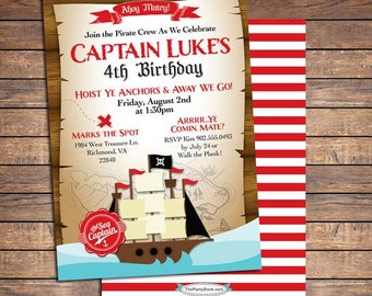 May include: Ahoy Matey! Join the Pirate Crew as we celebrate Captain Luke's 4th Birthday. Hoist ye anchors & away we go! Friday, August 2nd at 1:30pm. Marks the spot: 1984 West Treasure Ln., Richmond, VA 22840. Arrrr ye comin mate? RSVP Kim 902.555.0493 by July 24 or walk the plank! The Sea Captain.