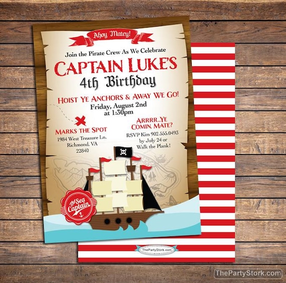 Pirate Invitation, Pirate Party Invitations, Boys Pirate Birthday Invitation, Pirate Birthday Party Invites - Printable Digital File PDF Red Il_570xn