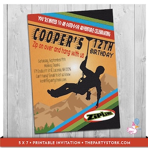 Puede incluir: Una invitación imprimible para una fiesta de cumpleaños número 12 con un tema de tirolesa. La invitación presenta una silueta de una persona haciendo tirolesa con el texto "Cooper's 12th Birthday" y "Zip on over and hang with us".