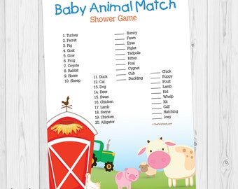 Barnyard Baby Shower Game, PRINTABLE Baby Animal Match Game by The Party Stork with Cow, Pig, Tractor, Barn, Digital INSTANT DOWNLOAD