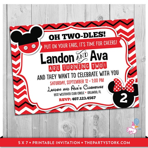 Twin Invitations Mickey and Minnie Mouse Twin Birthday Etsy