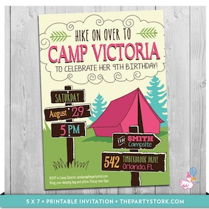 May include: A printable invitation for a 9th birthday party with a camping theme. The invitation features a pink tent, a wooden sign with the text "Camp Victoria", and a green background with trees. The text on the invitation reads "Hike on over to Camp Victoria to celebrate her 9th birthday! Saturday August 29 5 PM The Smith Campsite 542 Timberbrook Drive Orlando, FL RSVP to Camp Director candace@thepartystorik.com Bring your sleeping bag and pillow. Pickup time 11am 5 X 7. PRINTABLE INVITATION THEPARTYSTORK.COM"
