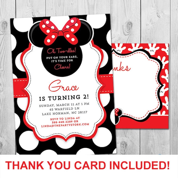 Minnie Mouse Birthday Invitations | Printable Girls Party Invitation | Black White Polka Dots and Red | 2nd Birthday Oh Twodles Invitation