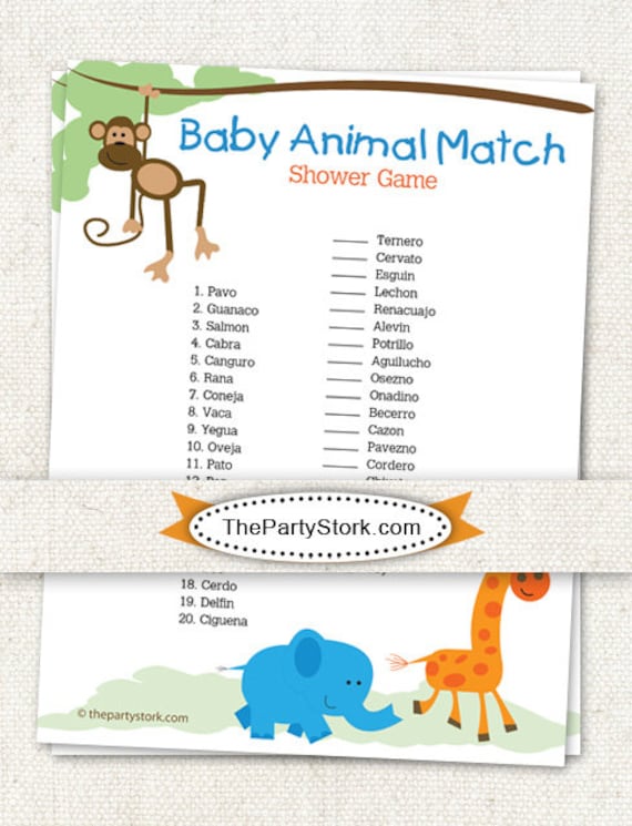 Spanish Baby Shower Game Baby Animal Match Safari Theme Etsy