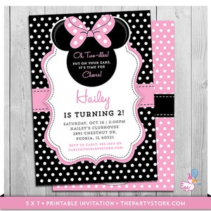 Minnie Mouse Birthday Invitations | Printable Oh Twodles Party Invitation | Black White Polka Dots Pink | Second | 2nd Oh Two-dles Invites
