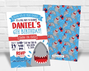 Shark Birthday Invitation | Shark Pool Party Invitations | Shark Birthday Party Invitation | Shark Birthday Invite | Shark Birthday Card