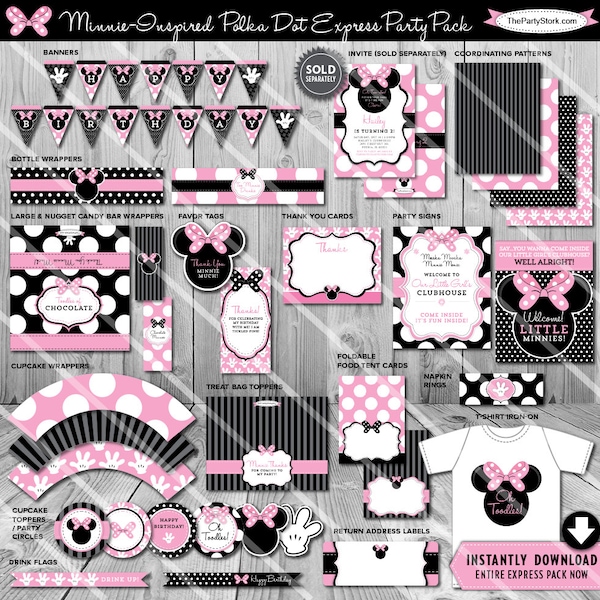 Minnie Mouse Birthday Party Package | Printable Pack | Pink White Polka Dots Black | Invitation Available in our Shop | Instant Download