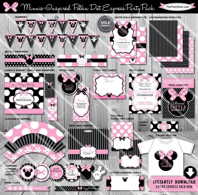 Minnie Mouse Birthday Party Package Printable Pack Pink White Polka Dots Black Invitation Available in our Shop Instant Download image 1