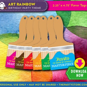 Art Paint Party Favor Tags | Printable Paint Brush Tag 6 Rainbow Colors | Instant Download