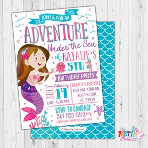 Téléchargement d'invitation de sirène, carte imprimable pour la fête d'anniversaire de sirène, invitation d'anniversaire de sirène sous la mer invitation pour inviter de fille