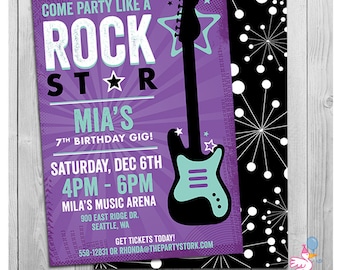 Rock Star Birthday Party Invitation | Printable Girls Party Invitations | Black Purple Rockstar Invites | Guitar