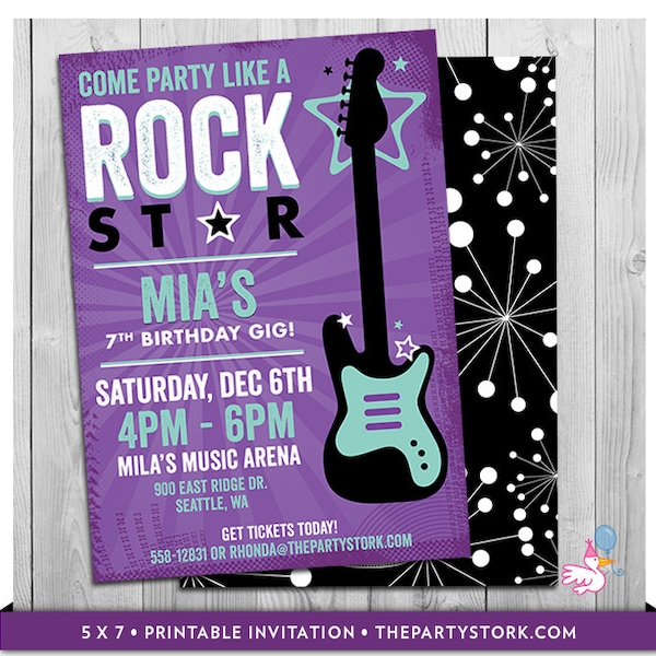 Rock Star Birthday Party Invitation | Printable Girls Party Invitations | Black Purple Rockstar Invites | Guitar