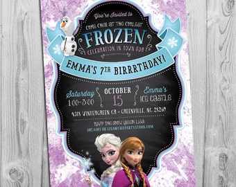 Frozen Invitation | Printable Frozen Birthday Party Invite with Elsa, Anna and Olaf | Purple Chalkboard Style