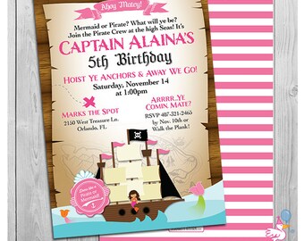 May include: A pink and white striped background with a printable invitation for a 5th birthday party. The invitation features a pirate ship with a mermaid on the deck. The text on the invitation reads "Captain Alaina's 5th Birthday" and "Hoist Ye Anchors & Away We Go!"