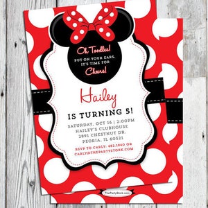 Minnie-uitnodiging met combinatie bedankkaart, Minnie Mouse-uitnodigingen, Minnie-verjaardagsuitnodigingen, rode en witte stippen zwart-wit afdrukbaar