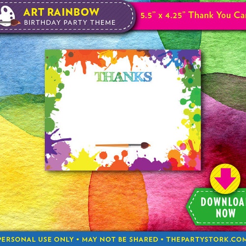 Art Birthday Party Thank You Card Printable Kids Paint - Etsy