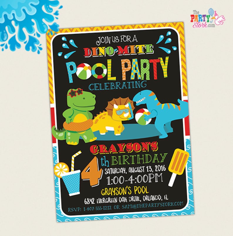 Dinosaur Pool Party Invitation, Dinosaur Birthday Party Invitation, Dino Pool Party Invitation, Printable Invitation image 1