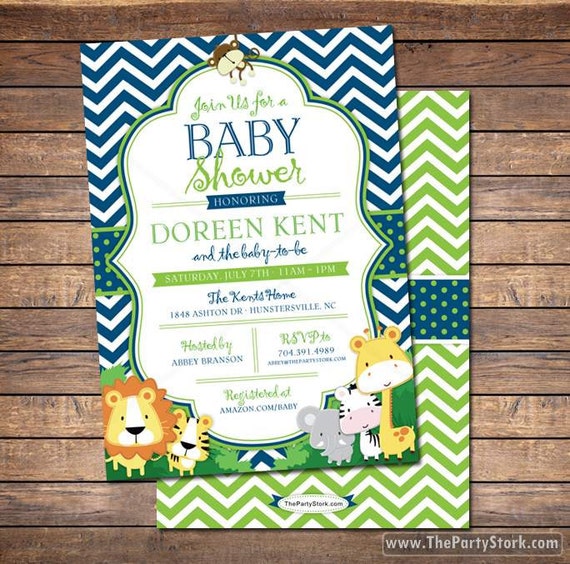 Safari Baby Shower Invitation, Jungle Safari Baby Shower Themed Printable Invitation, Safari Baby Shower Invites, Navy Blue Green Chevron Il_570xn