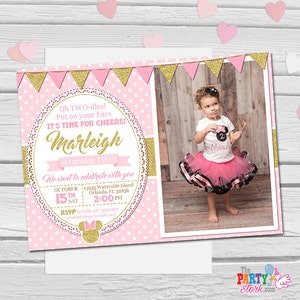 Minnie Mouse Invitation, Oh Twodles Invitation, Pink and Gold Minnie Mouse 1st 2nd Birthday Invitations, Girls First Second Birthday Invite