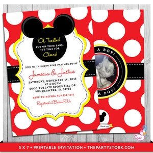 Mickey Mouse Baby Shower Invitations: unique Mickey Mouse themed printable Digital invite, invitation for a girl or boy baby shower theme