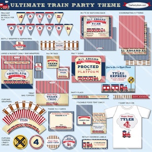 May include: A set of printable train party decorations in red, white, and blue. The set includes banners, cupcake wrappers, treat bag toppers, favor tags, party signs, party flags, food tent cards, return address labels, and a t-shirt iron-on. The decorations feature a train theme with the text "All Aboard" and "Thank Choo".
