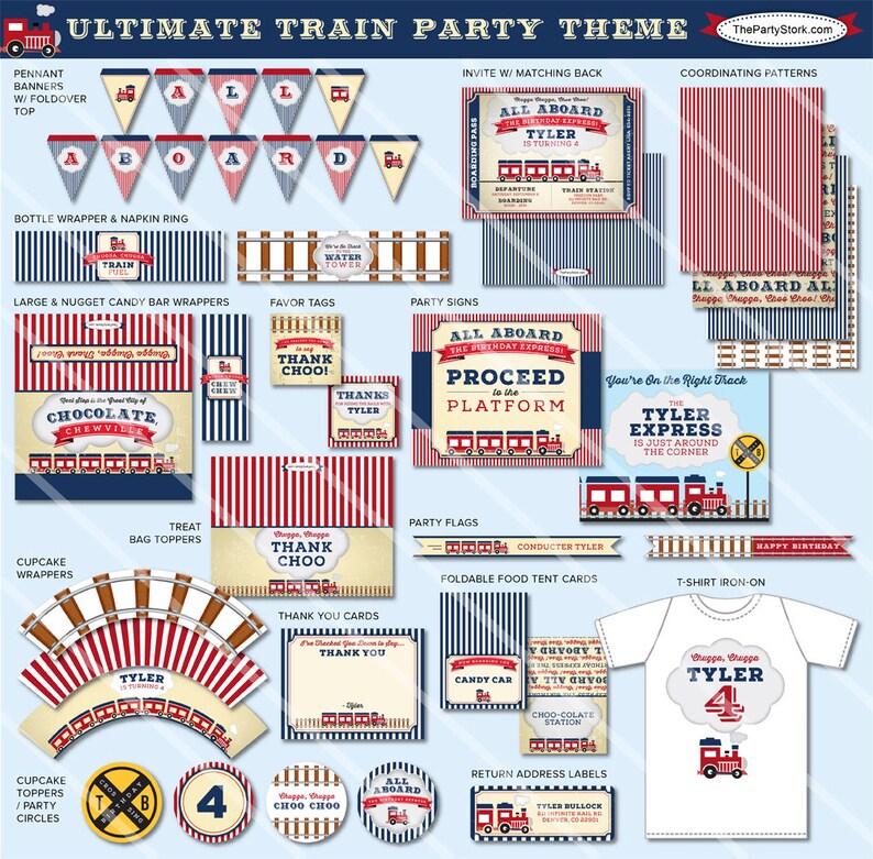 May include: A set of printable train party decorations in red, white, and blue. The set includes banners, cupcake wrappers, treat bag toppers, favor tags, party signs, party flags, food tent cards, return address labels, and a t-shirt iron-on. The decorations feature a train theme with the text "All Aboard" and "Thank Choo".