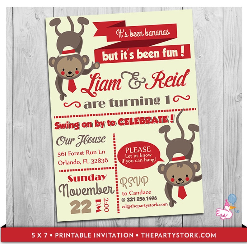 Twin Birthday Invitations Twin Monkey Invite First Birthday Etsy