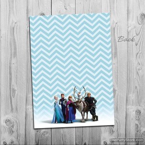 May include: A blue and white chevron patterned background with a group of Frozen characters, including Elsa, Anna, Kristoff, Olaf, and Sven. The characters are standing in front of a snowy background.