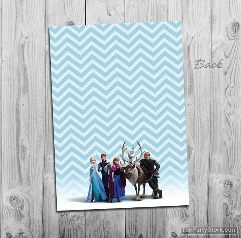 May include: A blue and white chevron patterned background with a group of Frozen characters, including Elsa, Anna, Kristoff, Olaf, and Sven. The characters are standing in front of a snowy background.