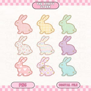 Könnte beinhalten: Neun farbenfrohe, hasenförmige digitale Dateidesigns. Jeder Hase hat ein einzigartiges Muster, darunter Vichy, Blumenmuster und Streifen. Die Hasen sind in Rosa-, Gelb-, Grün-, Lila- und Blautönen gehalten. Der Text "PNG" und "DIGITAL FILE" ist ebenfalls sichtbar.