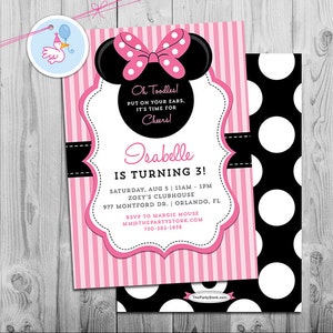 Minnie Mouse Birthday Invitations | Printable Girls Party Invitation |  Pink Stripes Black Polka Dots | See our Shop for Minnie Decorations