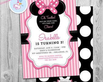 Minnie Mouse Birthday Invitations | Printable Girls Party Invitation |  Pink Stripes Black Polka Dots | See our Shop for Minnie Decorations