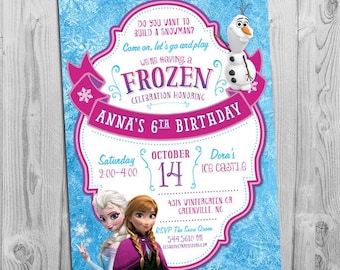 Die Eiskönigin Einladung zur Geburtstagsfeier | Printable Frozen Invite mit Elsa, Anna und Olaf | Petrol Blau Lila Rosa | Junge oder Mädchen
