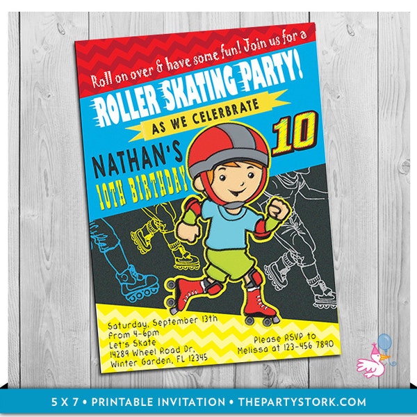 Roller Skate Invitation: Printable Boys Rollerskate Birthday Party Invitations | Kids Skating Invites | Skate Theme Invite | Blue Red Yellow