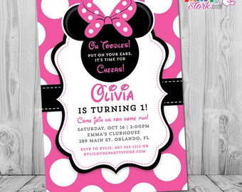 Minnie Mouse 1st Birthday Invitations | Printable Girls Party Invitation | Black White Polka Dots and Pink | First Birthday | Oh Toodles