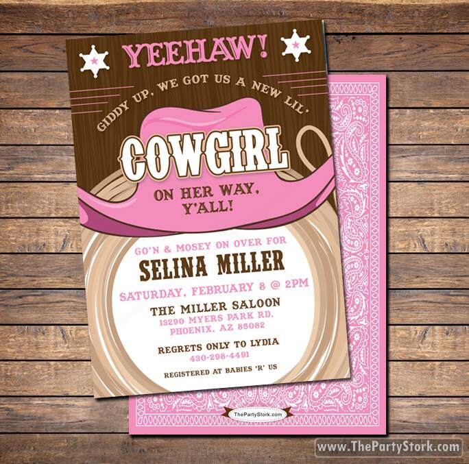 Cowgirl Baby Shower Invitations printable shower or birthday party invitation western theme girl pink FREE back decorations