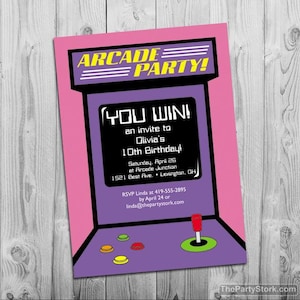 Invitation de partie d'arcade | Invitation imprimable numérique pour la fête d'anniversaire du jeu d'arcade de filles | Version garçons disponible