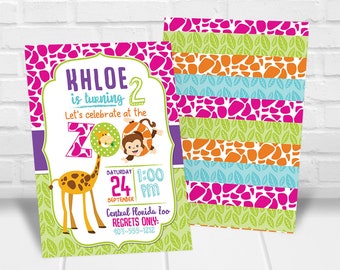 Zoo Birthday Invitation for Girls, Zoo Birthday Theme Invite, Pink, Digital Invitation, Animal themed Invitation, Giraffe, Monkey, Printable