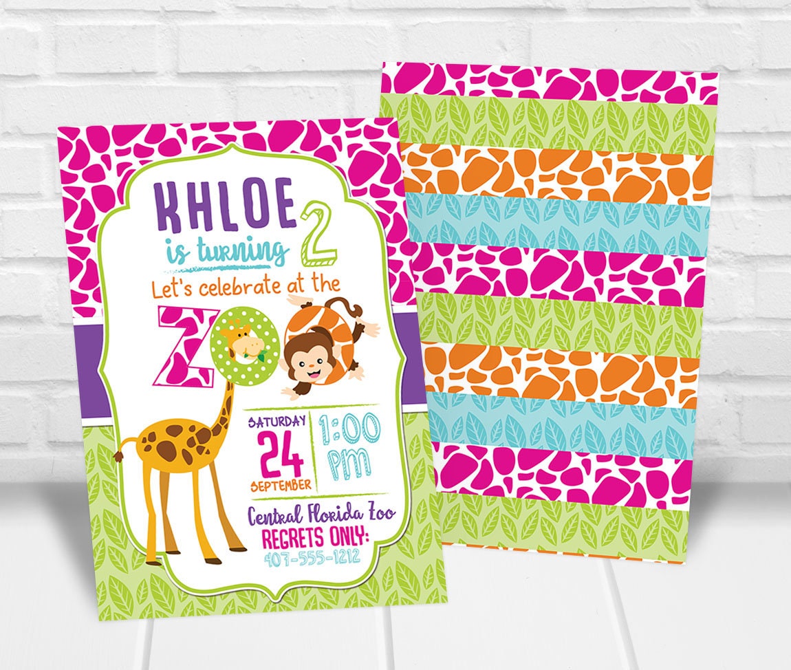 Zoo Birthday Invitation for Girls, Zoo Birthday Theme Invite, Pink