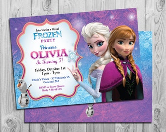 Frozen Birthday Invitation | Printable Frozen Birthday Party Invitations | Purple Blue Pink | Personalized | Anna, Elsa, Olaf | FREE Back